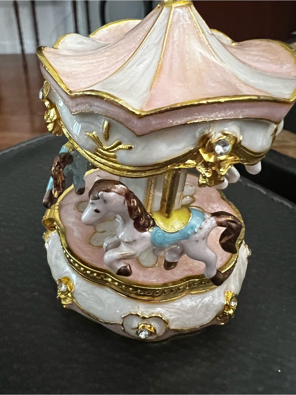Pink Carousel trinket Box with Gold Accents and horses.